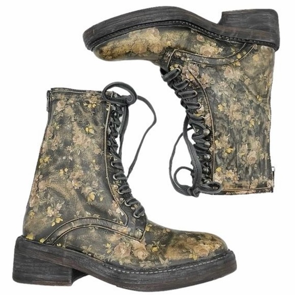 Free People Women’s Santa Fe Black Floral Leather Lace Up Combat Boots size 37 - Picture 5 of 8